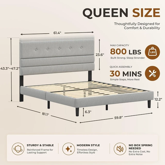 Alt view image 2 of 7 - GRUSIGN Queen Size Bed Frame with Linen Fabric Headboard, Adjustable Height Upholstered Platform Bed Frame with Wooden Slats, Easy Assembly, Dark Grey