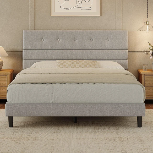 Main image of GRUSIGN Queen Size Bed Frame with Linen Fabric Headboard, Adjustable Height Upholstered Platform Bed Frame with Wooden Slats, Easy Assembly, Dark Grey
