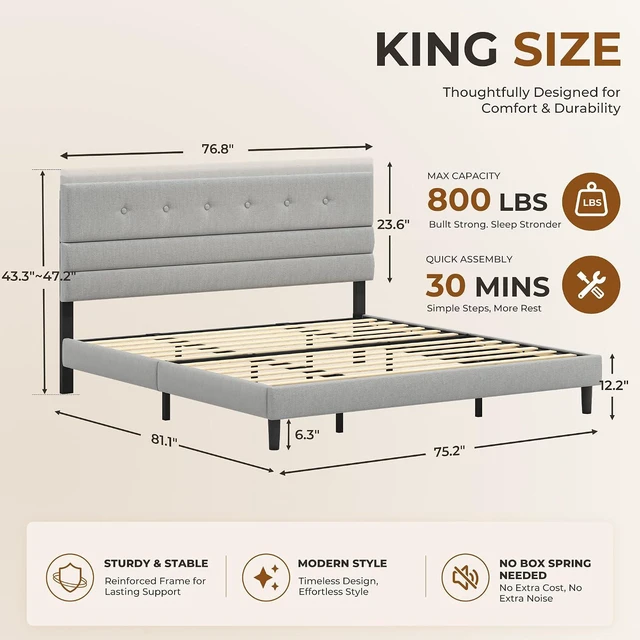 Alt view image 2 of 7 - GRUSIGN King Size Bed Frame with Linen Fabric Headboard, Adjustable Height Upholstered Platform Bed Frame with Wooden Slats, Easy Assembly, Dark Grey