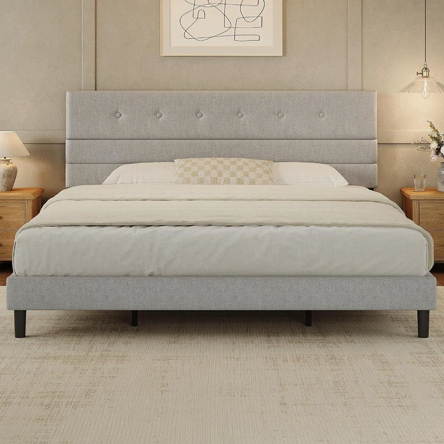 Main image of GRUSIGN King Size Bed Frame with Linen Fabric Headboard, Adjustable Height Upholstered Platform Bed Frame with Wooden Slats, Easy Assembly, Dark Grey