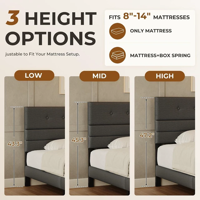 Alt view image 3 of 7 - GRUSIGN Queen Size Bed Frame with Linen Fabric Headboard, Adjustable Height Upholstered Platform Bed Frame with Wooden Slats, Easy Assembly, Black