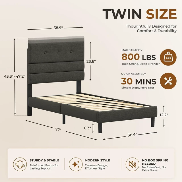 Alt view image 2 of 7 - GRUSIGN Twin Size Bed Frame with Linen Fabric Headboard, Adjustable Height Upholstered Platform Bed Frame with Wooden Slats, Easy Assembly, Black