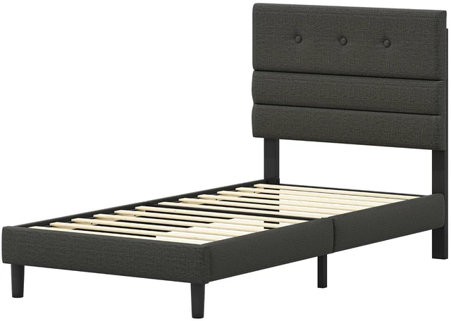 Alt view image 7 of 7 - GRUSIGN Twin Size Bed Frame with Linen Fabric Headboard, Adjustable Height Upholstered Platform Bed Frame with Wooden Slats, Easy Assembly, Black