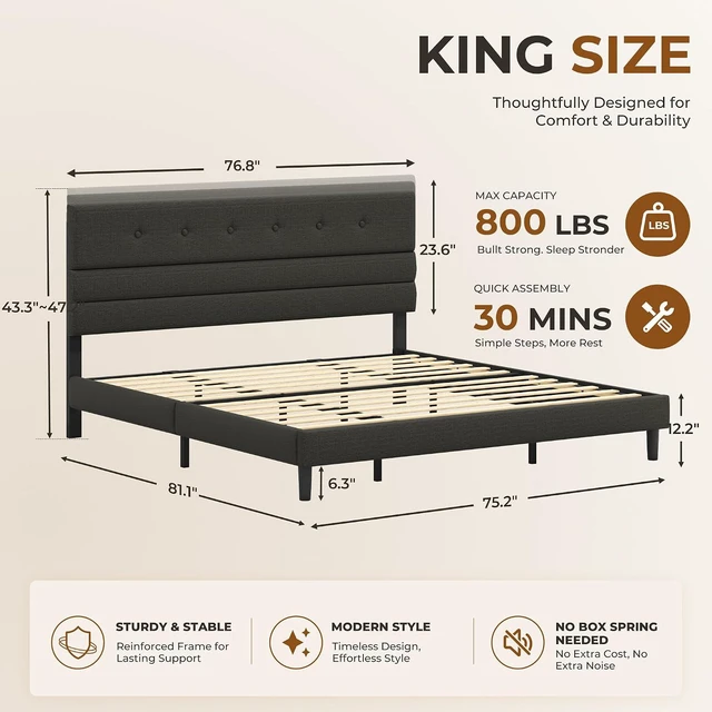 Alt view image 2 of 7 - GRUSIGN King Size Bed Frame with Linen Fabric Headboard, Adjustable Height Upholstered Platform Bed Frame with Wooden Slats, Easy Assembly, Black