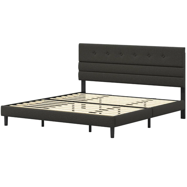 Alt view image 7 of 7 - GRUSIGN King Size Bed Frame with Linen Fabric Headboard, Adjustable Height Upholstered Platform Bed Frame with Wooden Slats, Easy Assembly, Black
