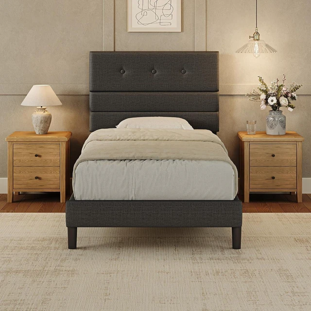 Main image of GRUSIGN Twin Size Bed Frame with Linen Fabric Headboard, Adjustable Height Upholstered Platform Bed Frame with Wooden Slats, Easy Assembly, Black