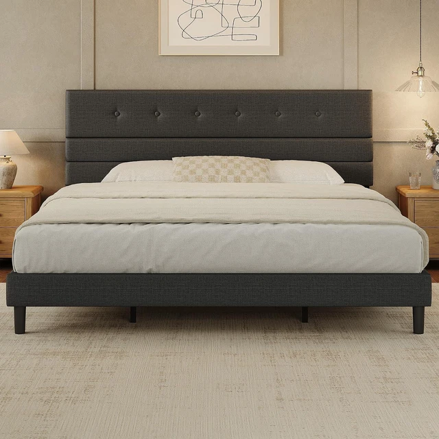Main image of GRUSIGN King Size Bed Frame with Linen Fabric Headboard, Adjustable Height Upholstered Platform Bed Frame with Wooden Slats, Easy Assembly, Black