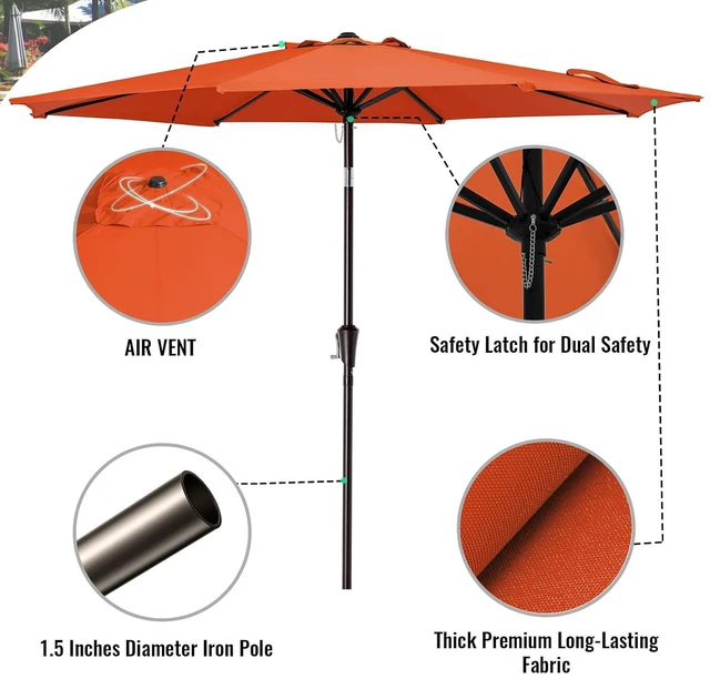 Alt view image 3 of 5 - ROWHY 10ft Patio Umbrella Outdoor Table Umbrella Patio Market Umbrella with Push Button Tilt and Crank 8 Ribs for Garden, Lawn, Deck, Backyard & Pool, Orange