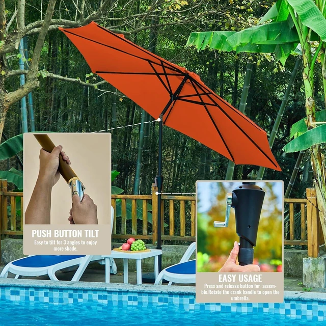 Alt view image 4 of 5 - ROWHY 10ft Patio Umbrella Outdoor Table Umbrella Patio Market Umbrella with Push Button Tilt and Crank 8 Ribs for Garden, Lawn, Deck, Backyard & Pool, Orange