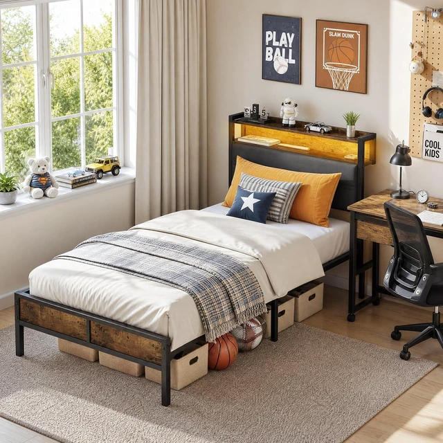 Alt view image 3 of 3 - GRUSIGN Twin Size Metal-Wood Platform Bed, Steel Support Base, Wooden Slats, Mattress/Box Spring Compatible, No Box Spring Required, Easy Assembly, Rustic Brown