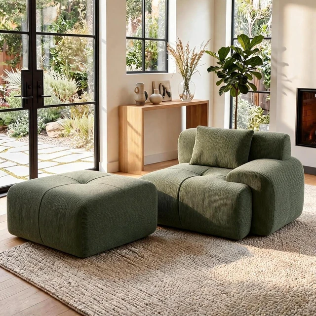 Main image of GRUSIGN Single Armchair with Ottoman, Modern Corduroy Cloud Couch with Convertible Ottoman, Boneless Sofa Set for Living Room, Green