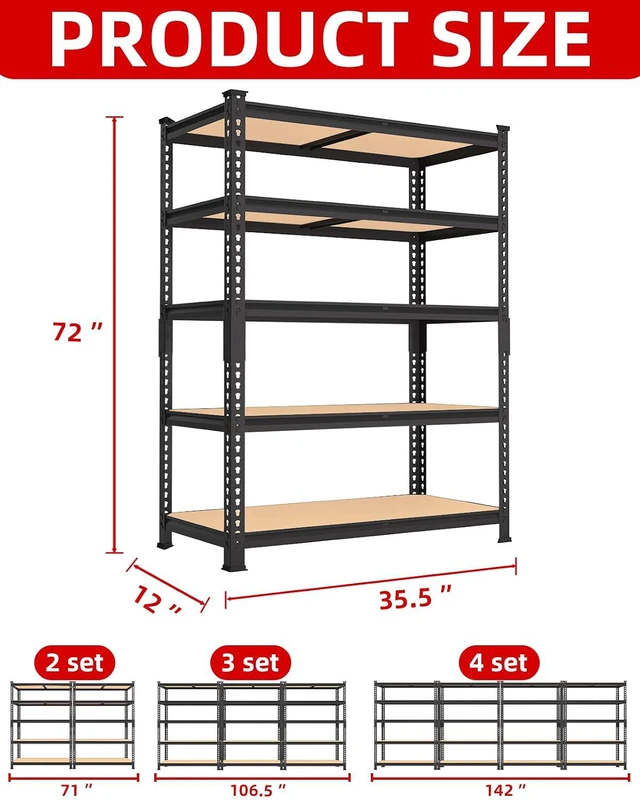 Alt view image 3 of 7 - 5-Tier Garage Storage Shelves, Adjustable Metal Shelving, Black