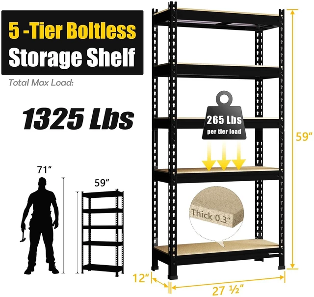 Alt view image 3 of 7 - 5-Tier Garage Storage Shelves, Adjustable Metal Shelving, Black