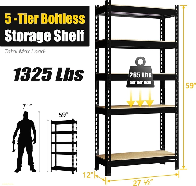 Alt view image 3 of 7 - 5-Tier Garage Storage Shelves, Adjustable Metal Shelving, Black