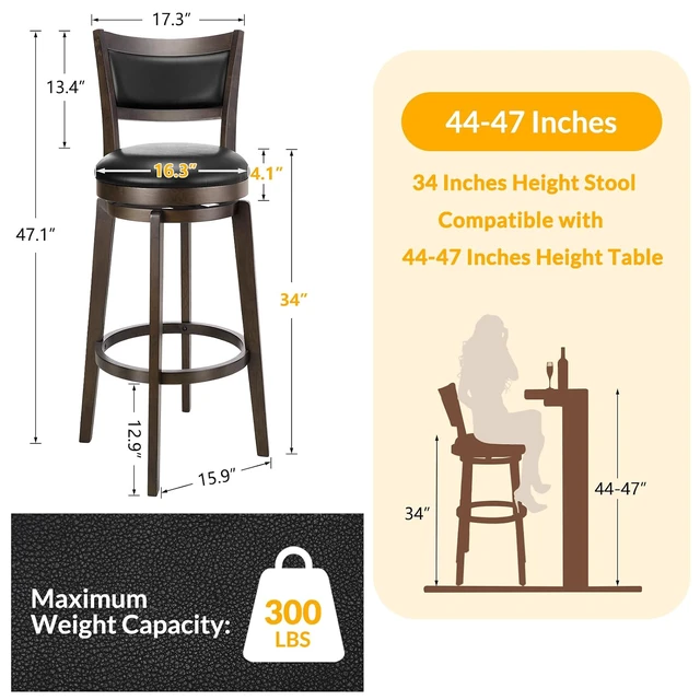 Alt view image 3 of 7 - Swivel Bar Stools Set of 8, 34 Inch Extra Tall Bar Height