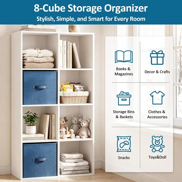 Alt view image 5 of 7 - 8 Cube Storage Organizer, Stackable Wood Cubby Bookshelf, White