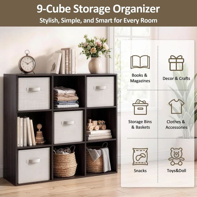 Alt view image 6 of 7 - 9 Cube Storage Organizer, Stackable Wood Cubby Bookshelf Espresso