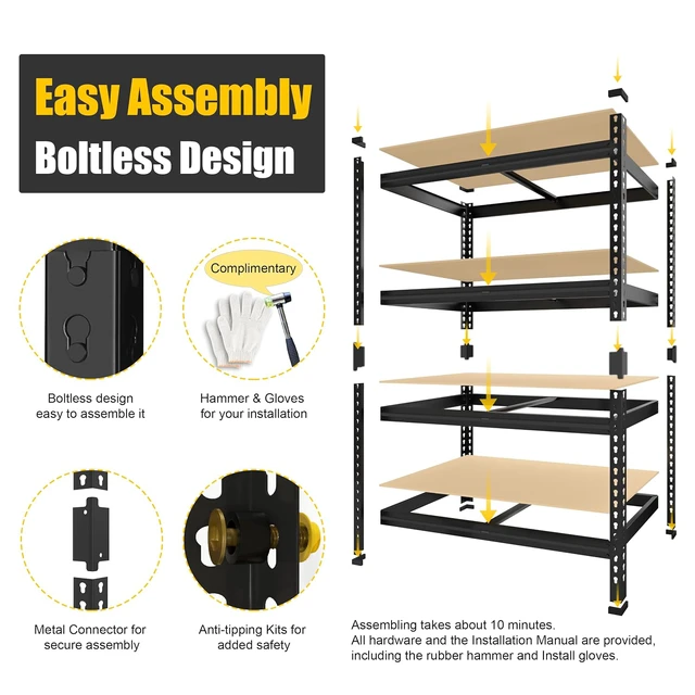 Alt view image 6 of 7 - 40"W x 20"D x 59"H Garage Shelving, 4-Tier Storage Shelves, Black
