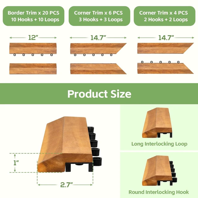 Alt view image 4 of 7 - Solid Acacia Wood Edge Trim Set for Interlocking Deck Tiles