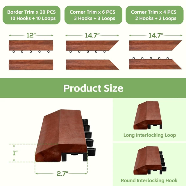Alt view image 4 of 7 - Solid Acacia Wood Edge Trim Set for Interlocking Deck Tiles