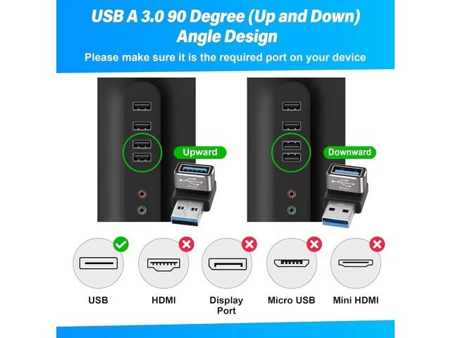 Alt view image 7 of 7 - 90 Degree USB 3.0 Adapter 2 Pack Up and Down Right Angle USB A Male to Female Connector Converter USB L Shape Extender Support Charge & Data Sync for PC Laptop Mouse Keyboard USB A Charger