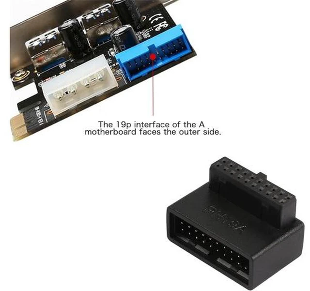 Alt view image 3 of 7 - USB 3.0 90 Degree Motherboard Adapter 19 Pin/20 Pin Male to Female Extension Adapter L Turn Right Angle Socket for Desktop Motherboard (Up Angle PH19A)