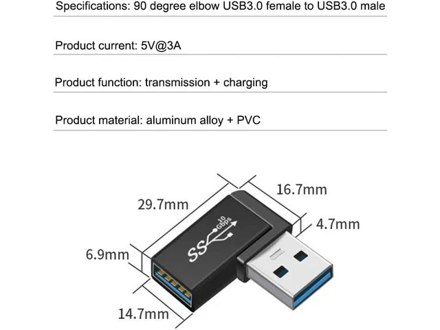 Alt view image 5 of 5 - 90 Degree Right Angle USB 3.0 Male to Female Expansion Adapter for Connecting Mobile Hard Disk U Disk Wireless Network Card Camera Mouse Keyboard etc. - Black 2pack