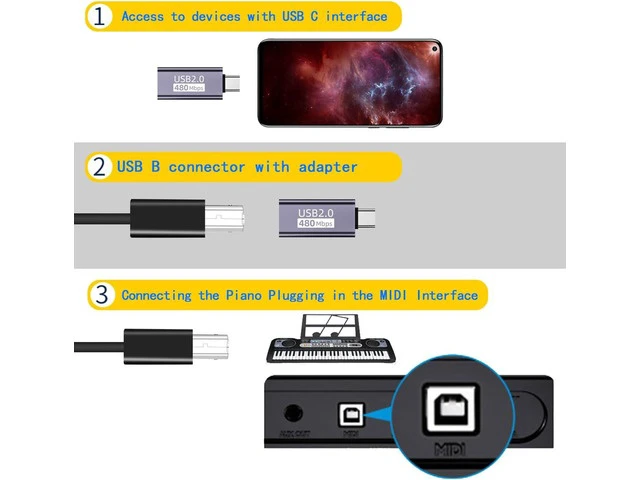 Alt view image 3 of 6 - 2 Pack USB C to USB B Adapter Type C to MIDI Convert Connector Type C Male to USB B Female Printer Adapter for Eectric Piano DAC Synthesizer DJ Controller Keyboard Printer (Straight)