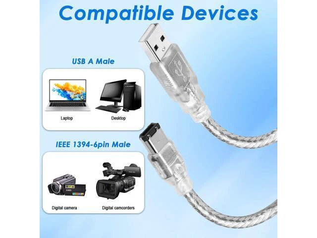 Alt view image 3 of 7 - Vszerda Firewire to USB Adapter Cable 6-Pin IEEE 1394 Male to USB 2.0 Male Converter Firewire 400 1394-a to USB A Connector Cord for Digital Video Camera Printer Hard Disk (Clear Cable) 1.8m/6ft