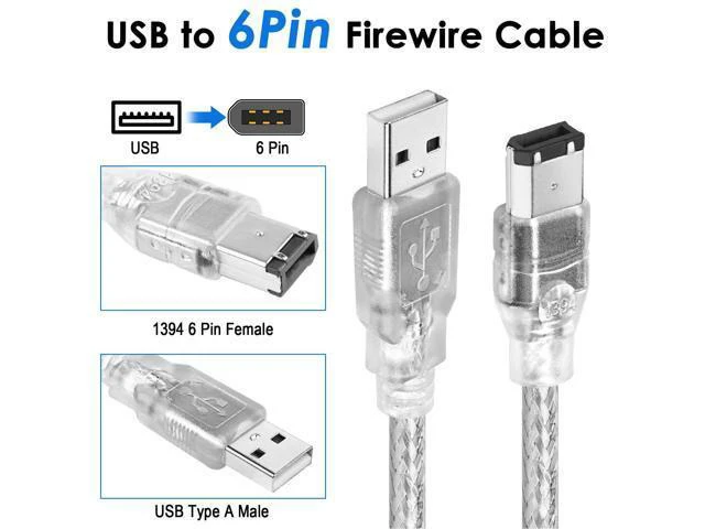 Alt view image 2 of 7 - Vszerda Firewire to USB Adapter Cable 6-Pin IEEE 1394 Male to USB 2.0 Male Converter Firewire 400 1394-a to USB A Connector Cord for Digital Video Camera Printer Hard Disk (Clear Cable) 1.8m/6ft