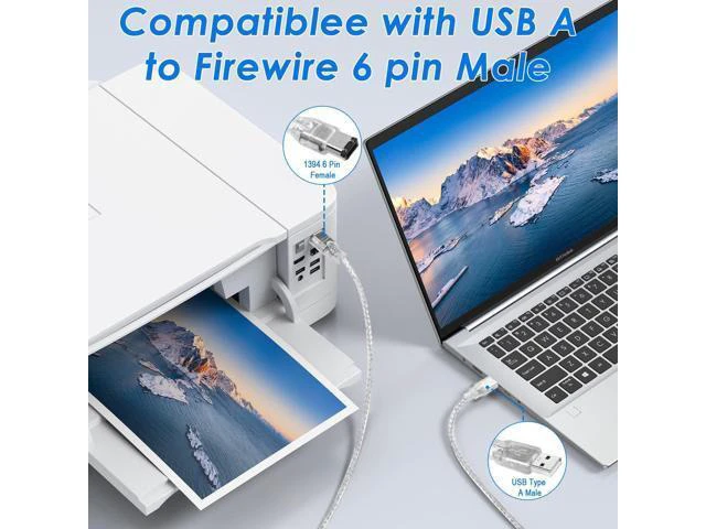 Alt view image 5 of 7 - Vszerda Firewire to USB Adapter Cable 6-Pin IEEE 1394 Male to USB 2.0 Male Converter Firewire 400 1394-a to USB A Connector Cord for Digital Video Camera Printer Hard Disk (Clear Cable) 1.8m/6ft