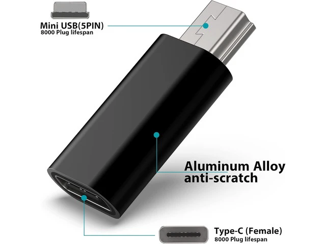 Alt view image 2 of 5 - USB C to Mini USB Adapter Type C Female to Mini USB 2.0 Male Convert Connector Support Charge & Data Sync Compatible GoPro Hero 3+ MP3 Players Dash Cam Digital Camera Receiver etc(2-Pack) Black