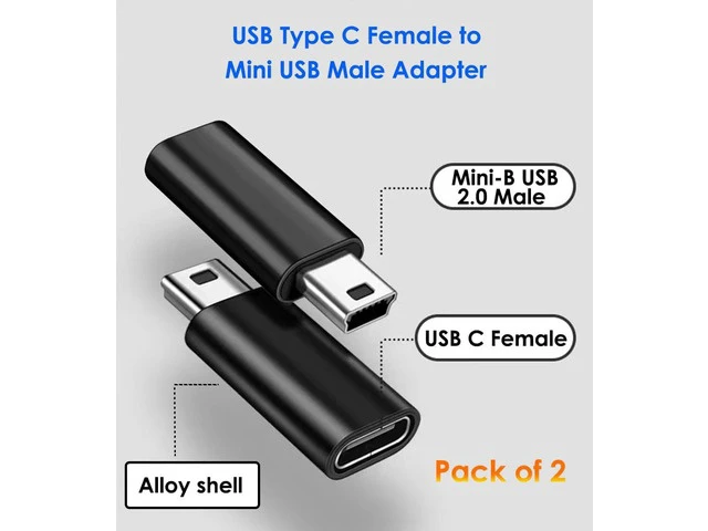 Alt view image 2 of 7 - USB C to Mini USB Adapter 2 Pack USB Type C Female to Mini USB 2.0 Type-B Male Adapter Support Charging and Data Transfer Compatible Digital Camera MP3 Player Dash Cam and More Black