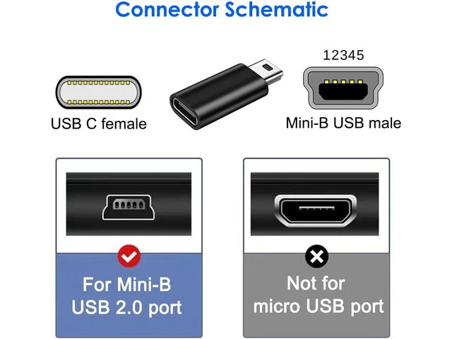Alt view image 5 of 7 - USB C to Mini USB Adapter 2 Pack USB Type C Female to Mini USB 2.0 Type-B Male Adapter Support Charging and Data Transfer Compatible Digital Camera MP3 Player Dash Cam and More Black