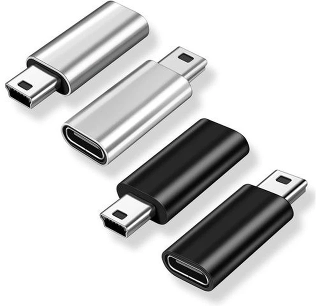Main image of Mini USB 2.0 to USB C Adapter (4 Pack) USB Type C Female to Mini USB Male Converter Connector for Digital Camera MP3 Players Dash Cam GPS Receiver and More (Black+Silver)