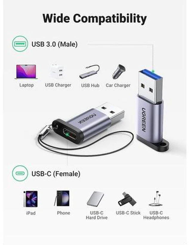 Alt view image 5 of 7 - 10Gbps USB C Female to USB Male Adapter 2 Pack Type C to USB A Charger Cable Converter Compatible with Apple Watch iPhone 15 14 13 AirPods 3 MacBook Galaxy Note Google Pixel etc Gray