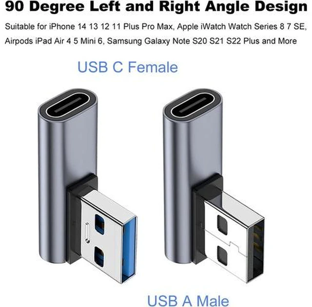 Alt view image 2 of 6 - 90 Degree USB C Female to USB Male Adapter 2 Pack Left and Right Angle Type C to USB A Charger Converter for iPhone Apple iWatch Watch Airpods iPad Air Mini and More