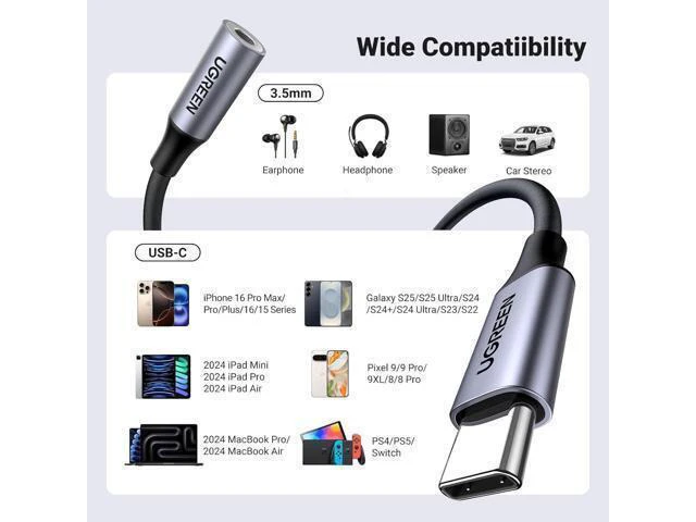 Alt view image 7 of 7 - UGREEN USB C to 3.5mm Audio Adapter Type C to Headphone Aux Jack Dongle 24bit/96kHz HiFi DAC Cable Cord Compatible with iPhone 16 15 Pro Max/16 Plus, iPad, Galaxy S25 S24 Ultra, Pixel 9, Grey