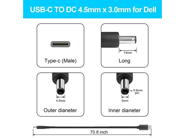 Alt view image 6 of 7 - USB C to Smart Tip Charging Cable for Laptop Charger 45W 65w 90W 4.5mm Connector for Inspiron 11 13 14 17 15 3000 5000 7000-Nylon Braided 1.8m