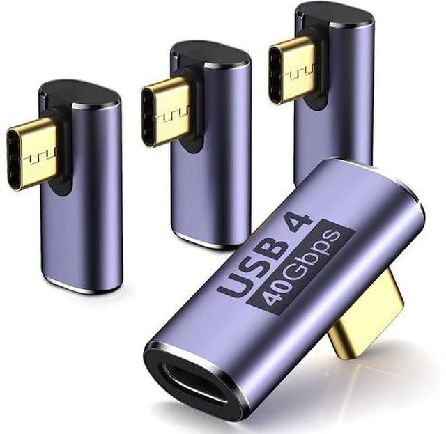 Main image of USB C Right Angle Adapter (4 Pack) USB C 90 Degree Adapter with 8K 60Hz Video 40 Gbps Data Transfer PD 100W Compatible for Thunderbolt 3/4, MacBook Pro/Air, USB-C HUB/Dock and More Type C Devices