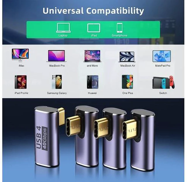 Alt view image 6 of 7 - USB C Right Angle Adapter (4 Pack) USB C 90 Degree Adapter with 8K 60Hz Video 40 Gbps Data Transfer PD 100W Compatible for Thunderbolt 3/4, MacBook Pro/Air, USB-C HUB/Dock and More Type C Devices