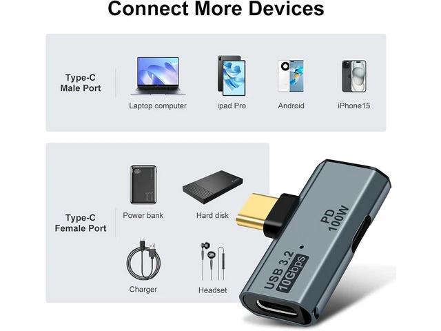 Alt view image 6 of 7 - USB C OTG Adapter Type C 100W PD Charging USB C to Dual USB C Splitter for iPhone 15 Pro Max Google TV Chromecast 2020 MacBook Samsung Galaxy S22/S23(Gray)
