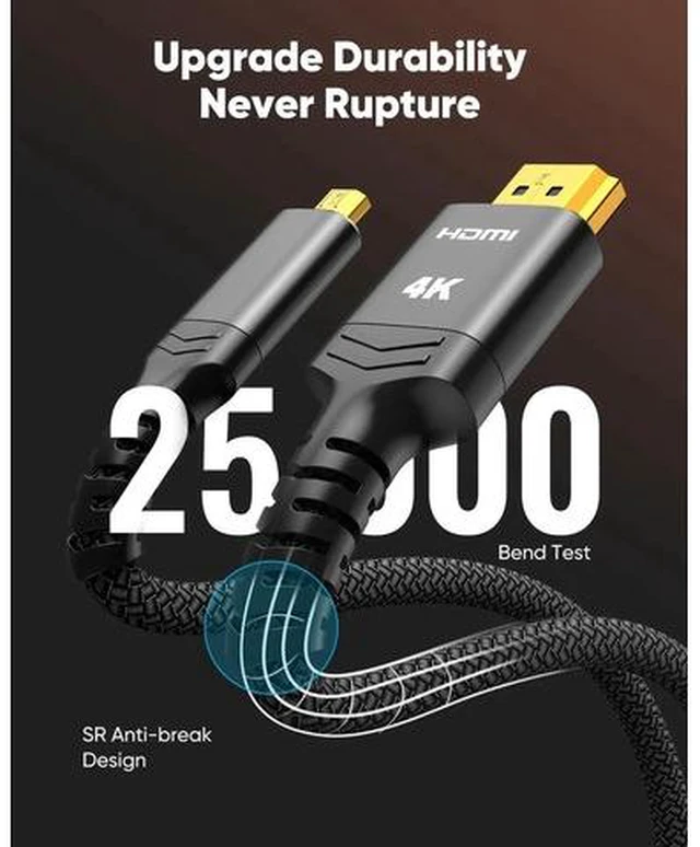 Alt view image 2 of 7 - 4K Micro HDMI to HDMI Cable 10 FT, Micro Male to HDMI Male Cable Nylon Braided Cord Adapter 2.0 4K@60HZ 2K@165HZ 18Gbps Compatible with Laptop Camera Monitor HDMI to Micro HDMI Black