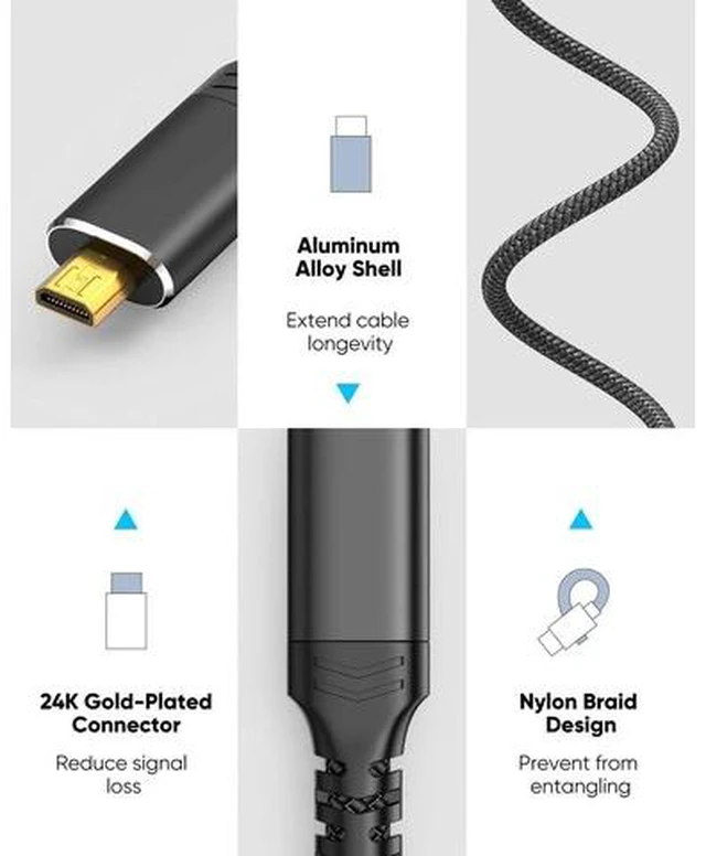 Alt view image 3 of 7 - 4K Micro HDMI to HDMI Cable 10 FT, Micro Male to HDMI Male Cable Nylon Braided Cord Adapter 2.0 4K@60HZ 2K@165HZ 18Gbps Compatible with Laptop Camera Monitor HDMI to Micro HDMI Black