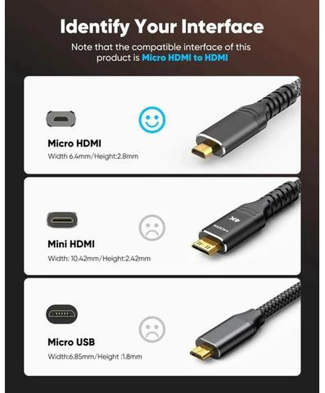 Alt view image 6 of 7 - 4K Micro HDMI to HDMI Cable 10 FT, Micro Male to HDMI Male Cable Nylon Braided Cord Adapter 2.0 4K@60HZ 2K@165HZ 18Gbps Compatible with Laptop Camera Monitor HDMI to Micro HDMI Black