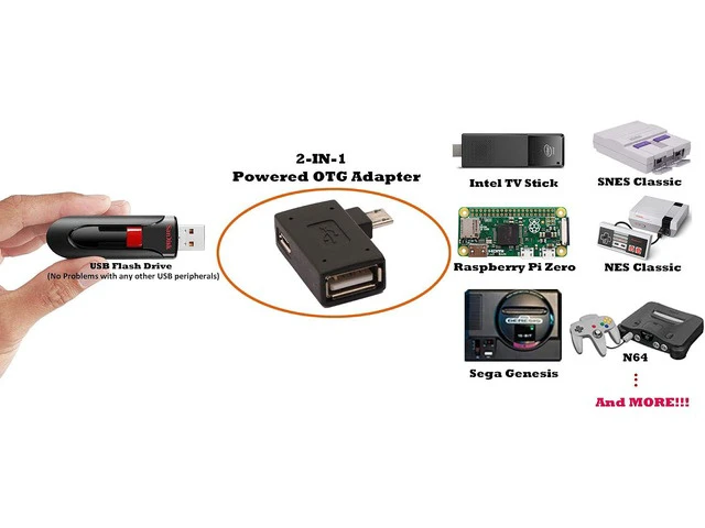 Alt view image 2 of 6 - 2-in-1 Powered Micro USB to USB OTG Adapter 90 Degree Right Angled for FireStick S/NES Classic Mini Sega Genesis and More - 2 Pack