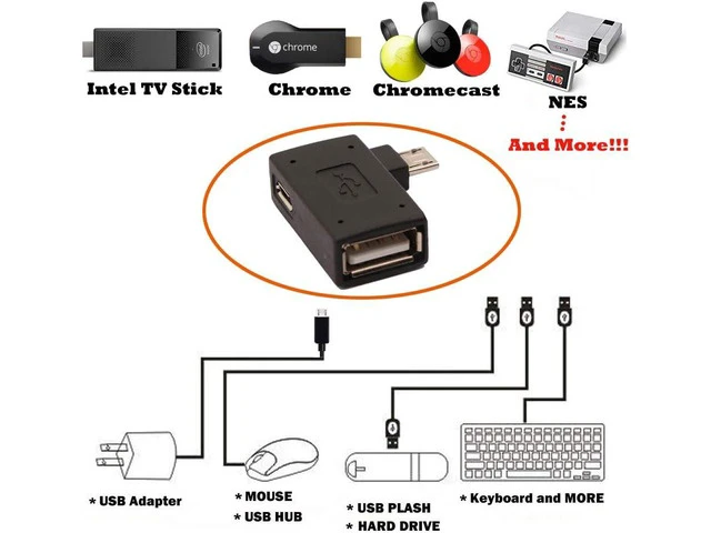 Alt view image 3 of 6 - 2-in-1 Powered Micro USB to USB OTG Adapter 90 Degree Right Angled for FireStick S/NES Classic Mini Sega Genesis and More - 2 Pack