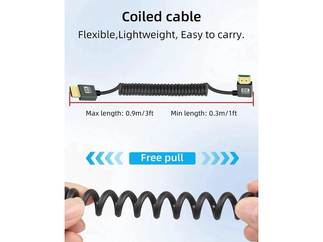 Alt view image 2 of 7 - 8K Right Angle HDMI Coiled Cable 2.2FT, 90 Degree Short HDMI to HDMI Cable, Spring Spiral HDMI 2.1 Cable 8K@60Hz,48Gbps,for Camera/TV/Capture Cards/Tablet