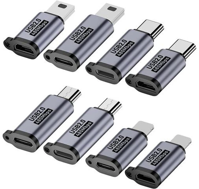 Main image of USB C/Lighting to Micro USB Adapter Type C/Micro USB to Lighting Converter Micro USB/Lighting to USB C Extender USB C/Micro USB to Mini USB Connector (8 Pack)
