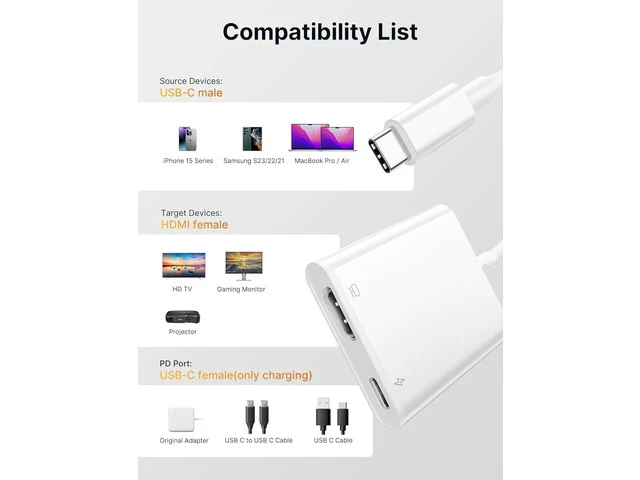 Alt view image 7 of 7 - USB C to HDMI Digital AV Adapter for iPhone 16 15 1080P Video & Audio Sync Screen Converter AV Adapter with Charging Port for iPhone 16/16 Plus/16 Pro/16 Pro Max/15/15 Plus S23 XPS 17 Surface Book 3